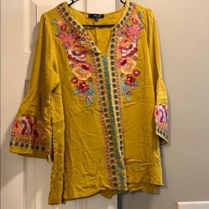Andrée Mustard Embroidered Bell Sleeve Top - L